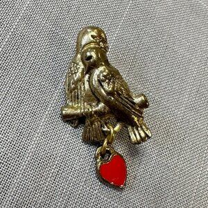 Vintage Gold Tone Love Birds Brooch with Dangling Enameled Heart